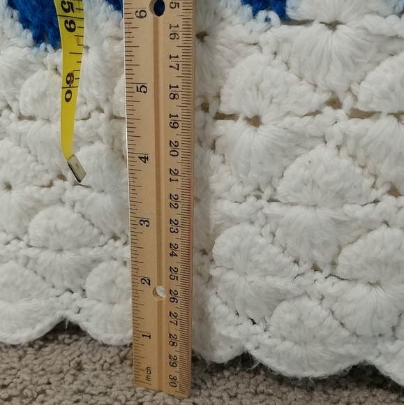 Vintage Hand Knit Blanket Crochet Blanket Large 64×50 Blue White Stripe Handmade - Picture 14 of 16